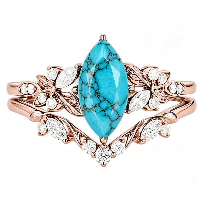 Sterling Silver Personalized Engraved 1-3CT Turquoise Engagement  Wedding Promise Ring Set for Her