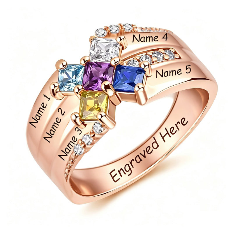 10K 14K 18K Gold Square Shaped Personalized 1-5 Birthstone  Family Mother's Ring Anniversary Ring for Women