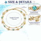 14K Gold Plated Turquoise Turtle Starfish Ocean Double Layered Anklet
