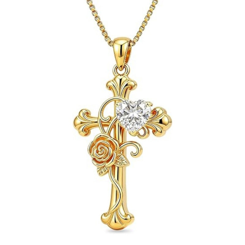 14K Gold Plated Heart Shape Birthstone Rose Flower Cross Necklace for Women  Religious Christian Jewelry