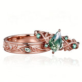 Sterling Silver 10K 14K 18K Gold Natural Leaf  Moss Agate Engagement Anniversary Couple Ring Sets