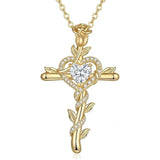14K Gold Plated Heart Birthstone Rose Cross  Pendant Necklace  Religious Christian Jewelry for Women