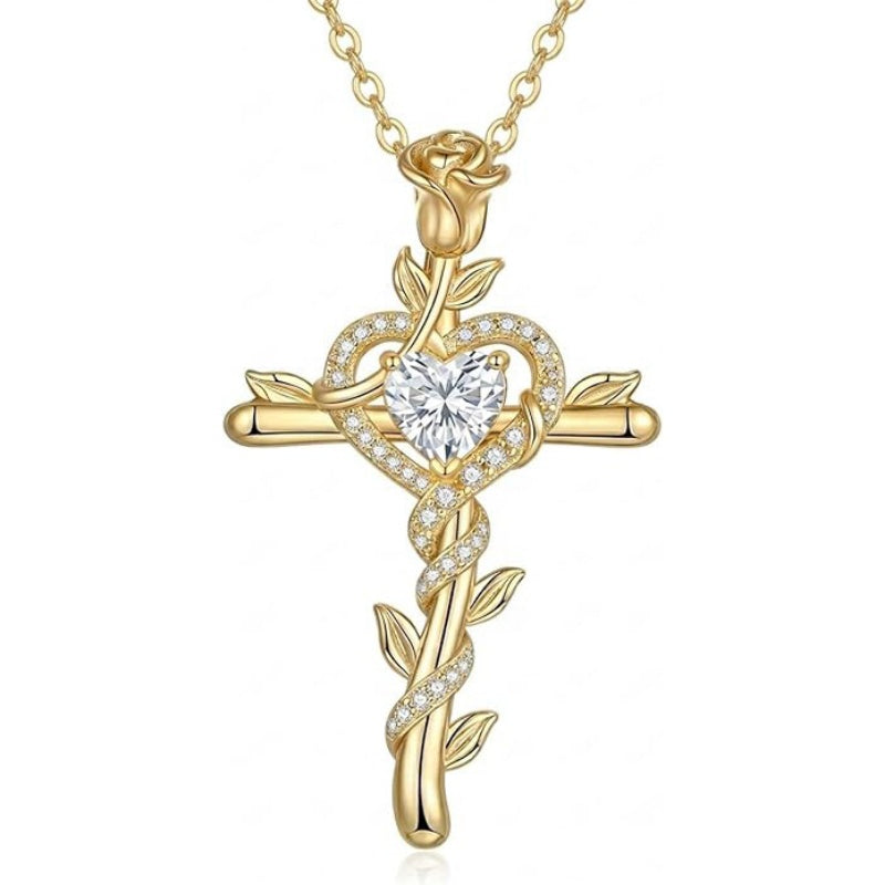 14K Gold Plated Heart Birthstone Rose Cross  Pendant Necklace  Religious Christian Jewelry for Women