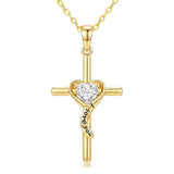 14K Gold Plated Dainty Heart Birthstone Pendant Cross Necklace for Women Religious Gift