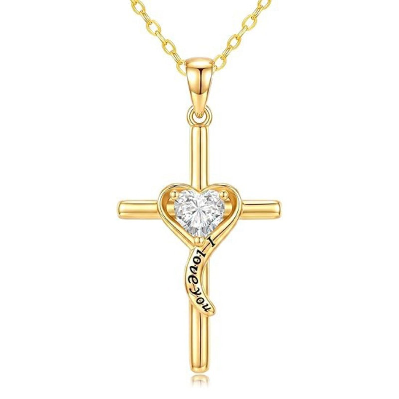14K Gold Plated Dainty Heart Birthstone Pendant Cross Necklace for Women Religious Gift