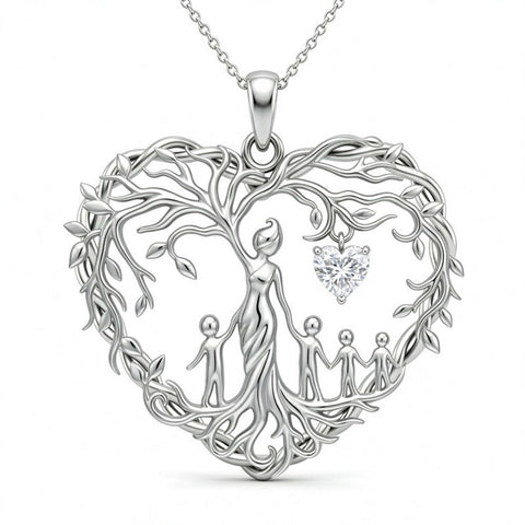 Sterling Silver Heart Pendant Birthstone Tree of Life Mother Child Family Necklace