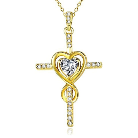 14K Gold Plated Dainty Heart Birthstone Pendant Cross Necklace for Women Religious Gift