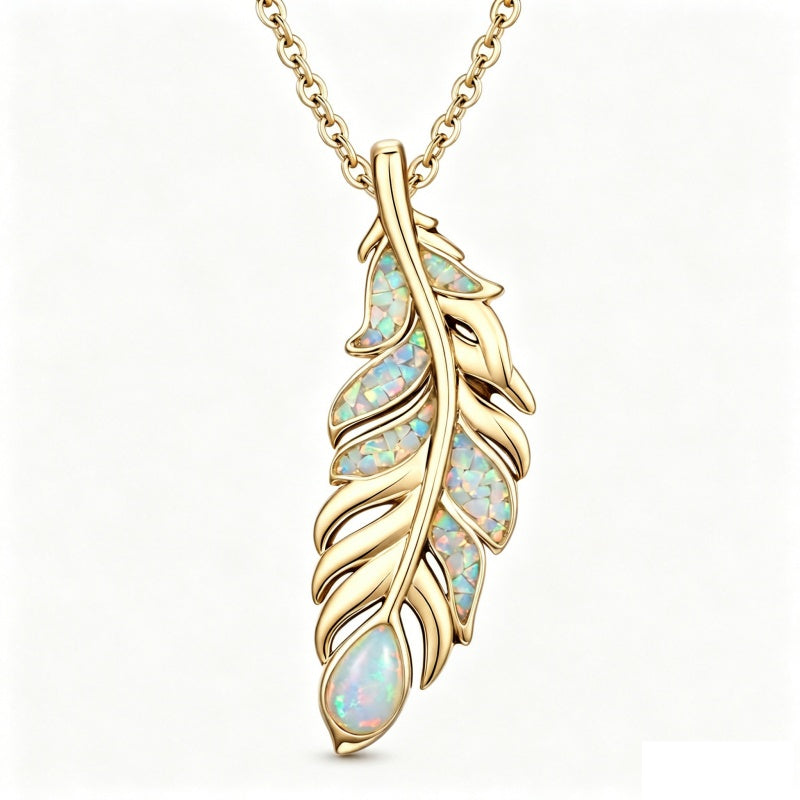 14K Gold Plated Feather Pendant Necklace for Women