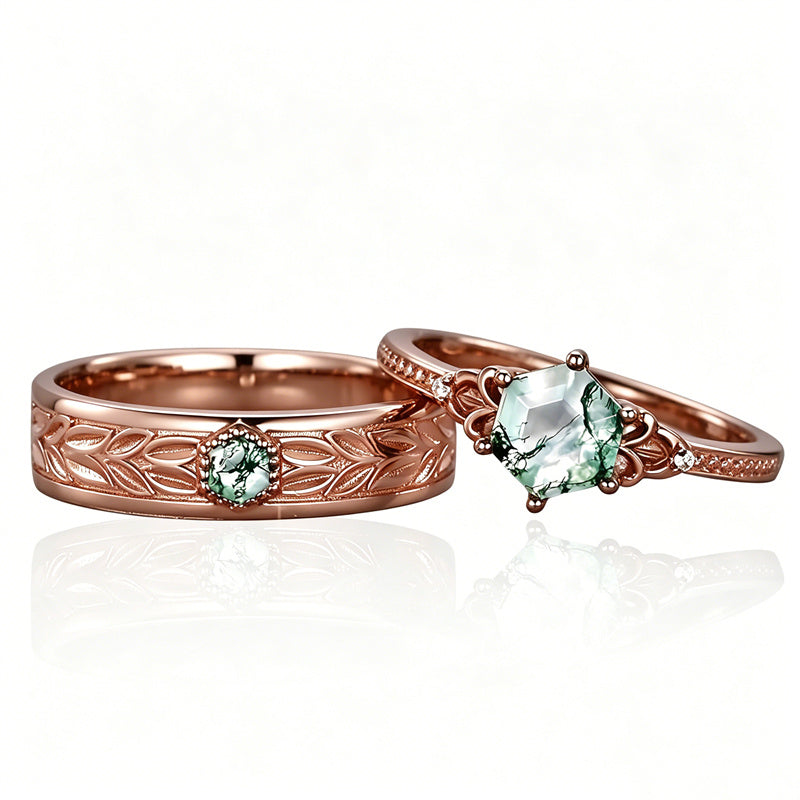 Sterling Silver 10K 14K 18K Gold Natural Leaf  Moss Agate Engagement Anniversary Couple Ring Sets