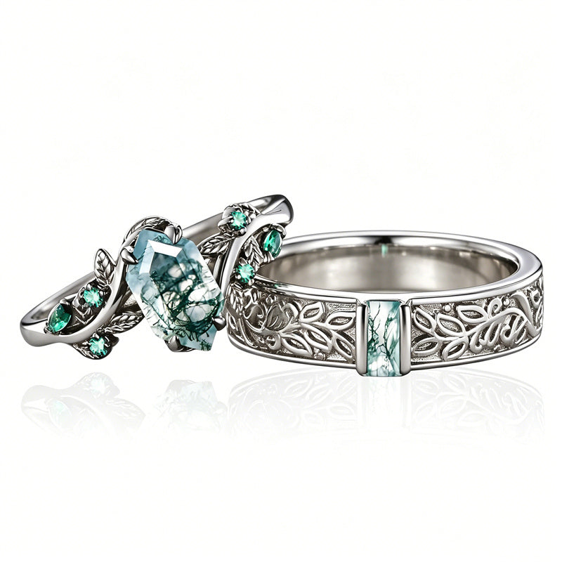 Sterling Silver 10K 14K 18K Gold Natural Leaf  Moss Agate Engagement Anniversary Couple Ring Sets