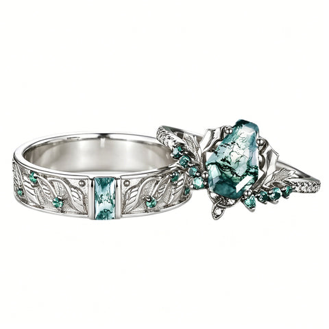 Sterling Silver 10K 14K 18K Gold Natural Leaf  Moss Agate Engagement Anniversary Couple Ring Sets