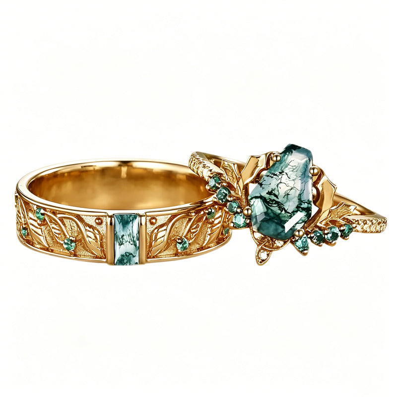 Sterling Silver 10K 14K 18K Gold Natural Leaf  Moss Agate Engagement Anniversary Couple Ring Sets
