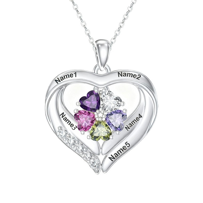 14K Gold Plated Personalized 1-5 Heart Birthstone Names Necklace  for Women