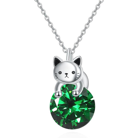 Sterling Silver Birthstone Cat Pendant Necklace