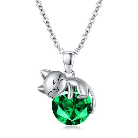 Sterling Silver Birthstone Cat Pendant Necklace