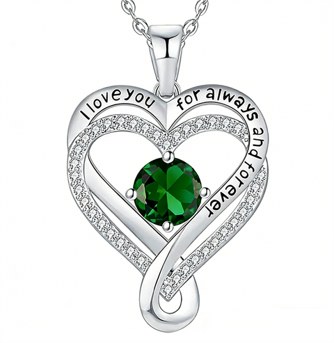 Sterling Silver 12 Month Birthstone Double Heart Pendant Necklace  Engraved with I Love You for Always and Forever