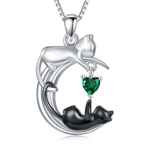 Silver Cat 12 Month Birthstone Pendant Necklace