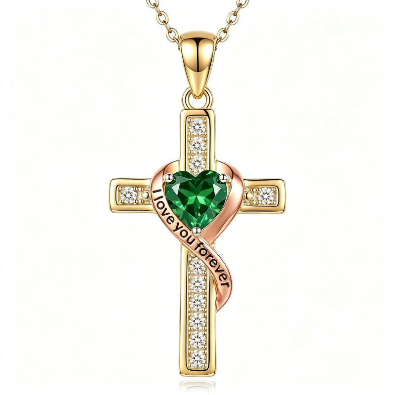 14K Gold Plated  Birthstone Cross Necklace Engraved I Love You Forever