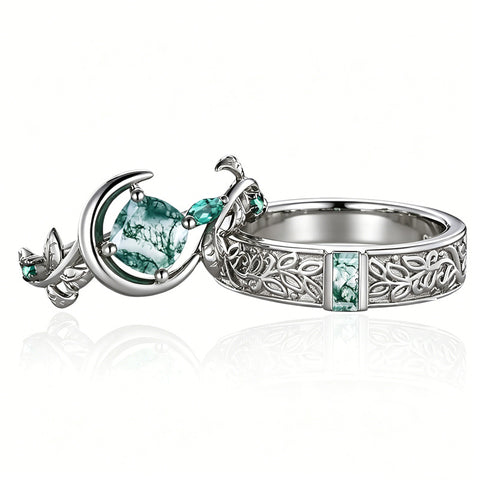 Sterling Silver 10K 14K 18K Gold Natural Leaf  Moss Agate Engagement Anniversary Couple Ring Sets