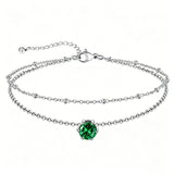 Sterling Silver  Round Birthstone Double Layer Charm Anklet