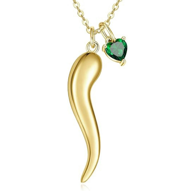 Heart Birthstone 14K Gold Plated Italian Horn Pendant Necklace Anniversary Birthday Gifts for Her