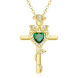 14K Gold Plated Birthstone Rose Cross Necklace for Women Faith Jewelry Gift