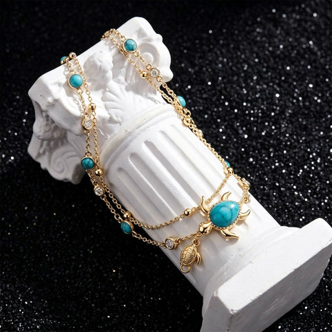 14K Gold Plated Turquoise Turtle Starfish Ocean Double Layered Anklet