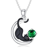 Sterling Silver Birthstone Moon Black Cat Pendant Necklace