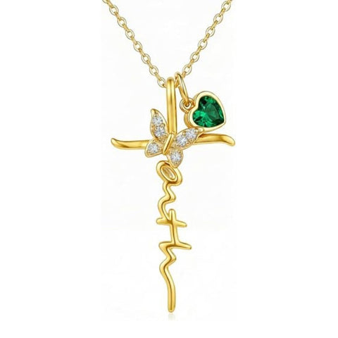 14K Gold Plated  Birthstone  Cross Butterfly Necklace for Women