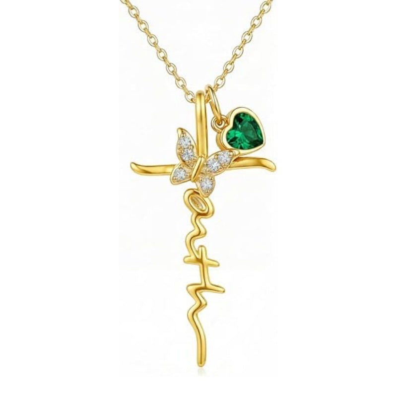 14K Gold Plated  Birthstone  Cross Butterfly Necklace for Women