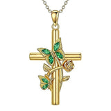 Birthston Butterfly Rose 14K Plated Gold Cross Pendant Necklace for Women
