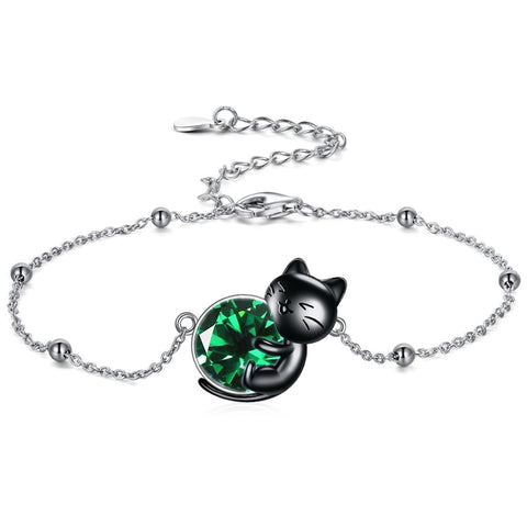 Sterling Silver Cat Birthstone Single Layer Anklet