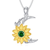 Sterling Silver Birthstone Sunflower & Moon Pendant Necklace