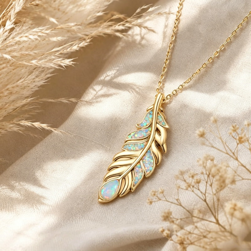 14K Gold Plated Feather Pendant Necklace for Women