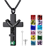 Stainless Steel Birthstones Cross Urn Necklaces for Ashes