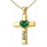 14K Gold Plated Heart Birthstone Cross Necklace for Women Engraved with Faith