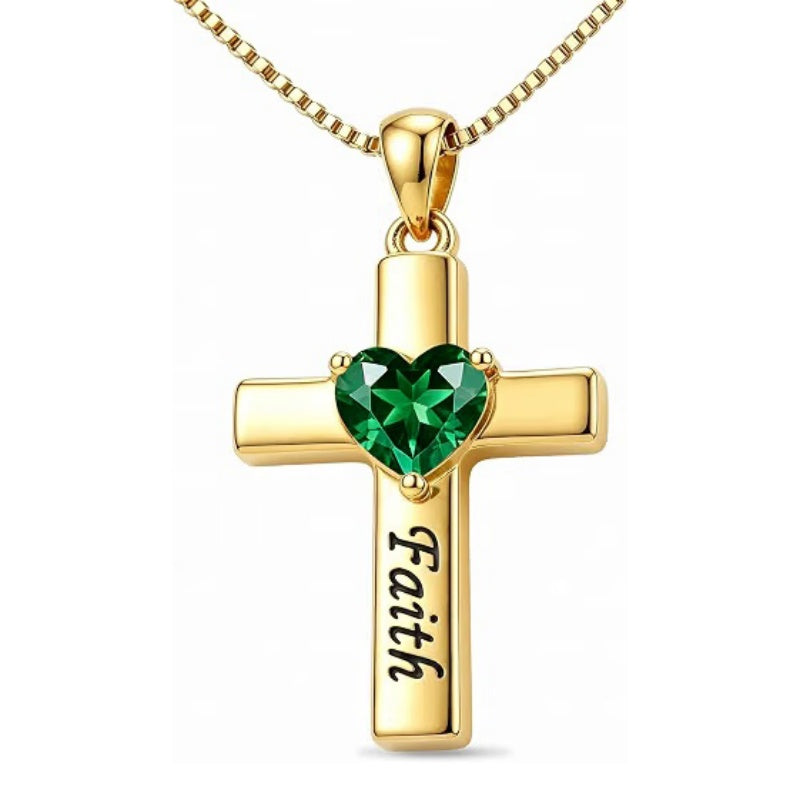 14K Gold Plated Heart Birthstone Cross Necklace for Women Engraved with Faith