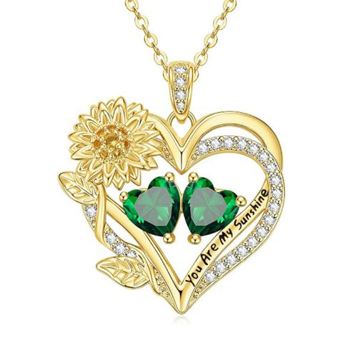 14K Gold  Plated Double Birthstone Heart Sunflower Necklace for Women