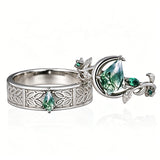 Sterling Silver 10K 14K 18K Gold Natural Leaf  Moss Agate Engagement Anniversary Couple Ring Sets