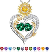 Sterling Silver Double Heart Birthstone Sunflower Necklace Engraved with You Are My Sunshine