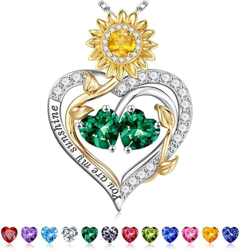 Sterling Silver Double Heart Birthstone Sunflower Necklace Engraved with You Are My Sunshine