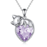 Sterling Silver Heart Birthstone Cat Pendant Necklace