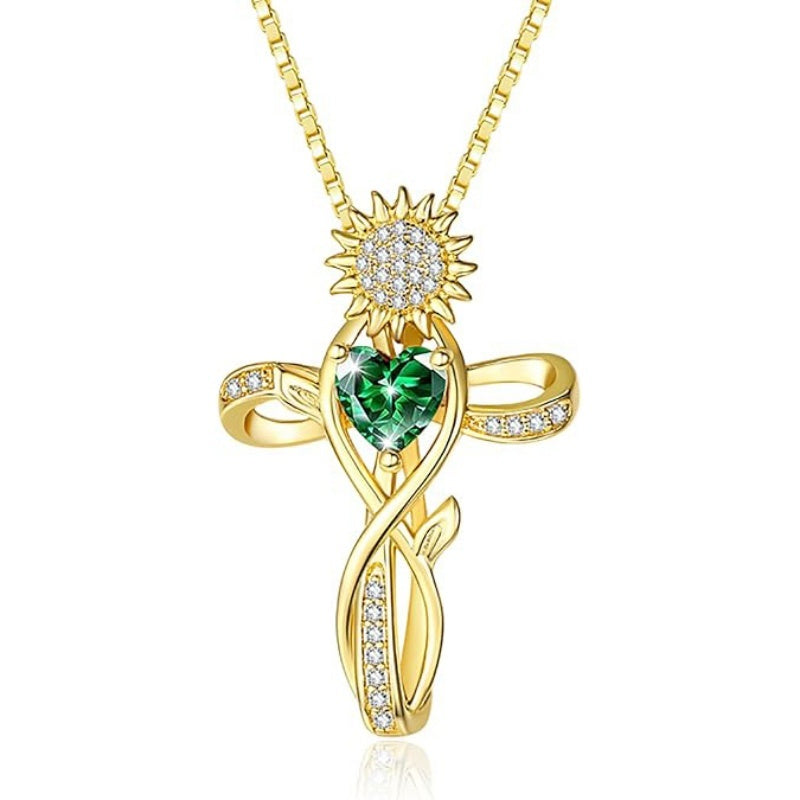 14K  Gold Plated 12 Color Birthstone Sunflower Cross Pendant  Necklace for Women Faith Cross Jewelry