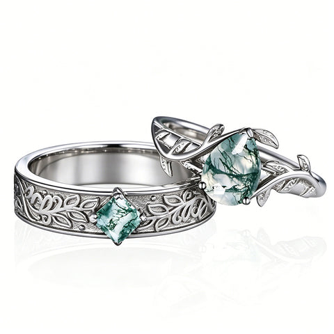 Sterling Silver 10K 14K 18K Gold Natural Leaf  Moss Agate Engagement Anniversary Couple Ring Sets