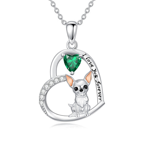 Sterling Silver 12 Month Birthstone Schnauzer Chihuahua Pitbull Pug Pendant Necklace for Women