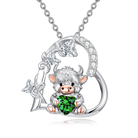 Sterling Silver Highland Cow Pendant Necklace Birthstone Necklace Gift for Women