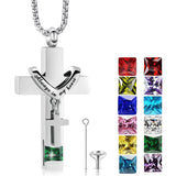 Stainless Steel Birthstones Cross Urn Necklaces for Ashes