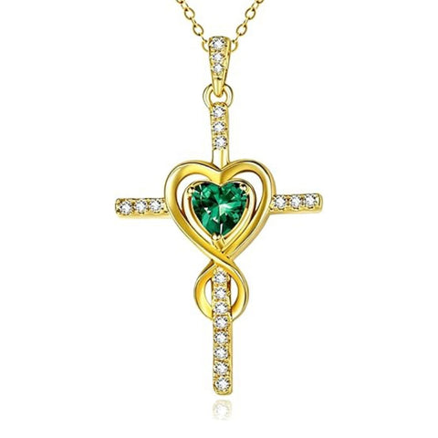 14K Gold Plated Dainty Heart Birthstone Pendant Cross Necklace for Women Religious Gift