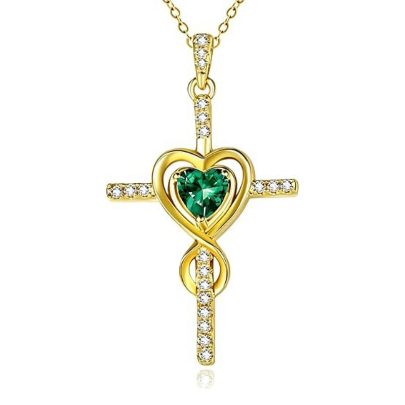 14K Gold Plated Dainty Heart Birthstone Pendant Cross Necklace for Women Religious Gift