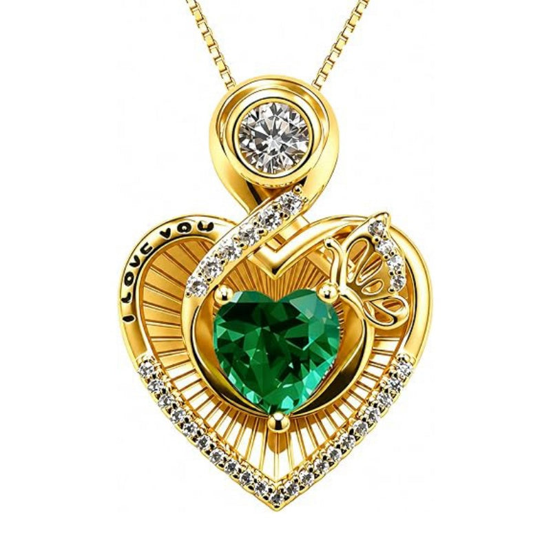 14K Gold Plated  Heart Birthstone Butterfly Necklace Engraved with  I Love You
